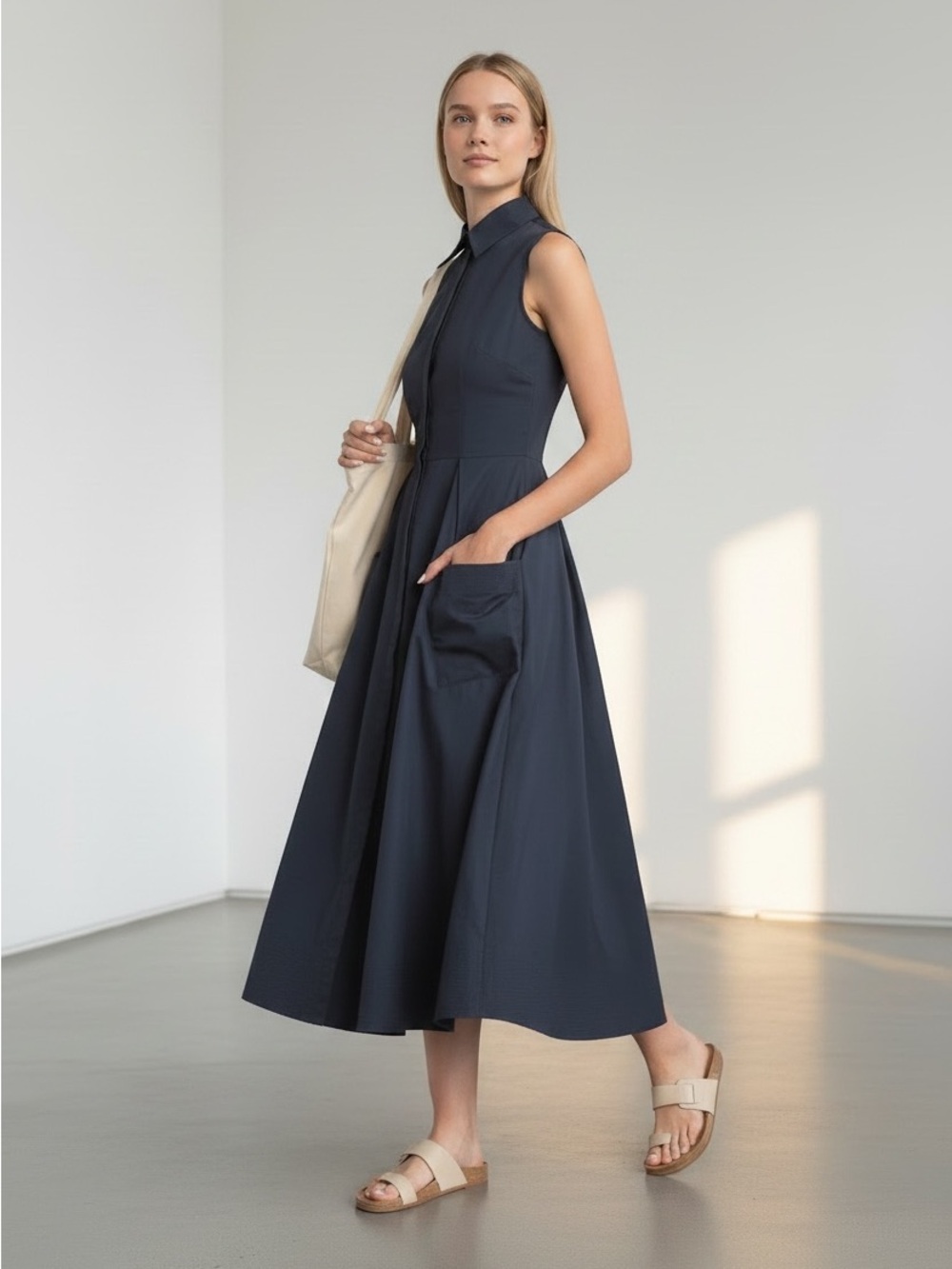 NEW CO Poplin Navy Blue Sleeveless Shirt Dress Size S - Picture 5 of 12